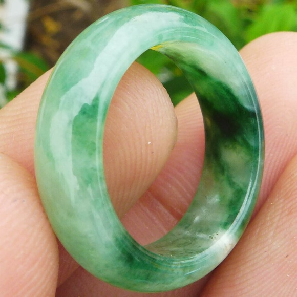 Natural Grade A Jadeite Jade One Piece Ring Carving Transparent Green 17mm - Picture 11 of 14